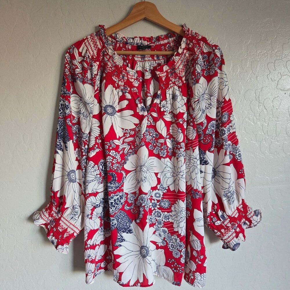 Talbots Smocked Paisley Floral Top Red Women's XL 3/4 Sleeve Tropical Hawaiian